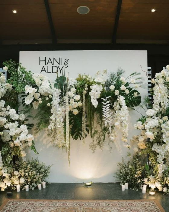Backdrop trắng phối lá nhiệt đới và hoa lan