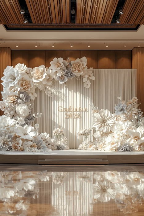 Backdrop hoa giấy trắng lớn trong sảnh tiệc
