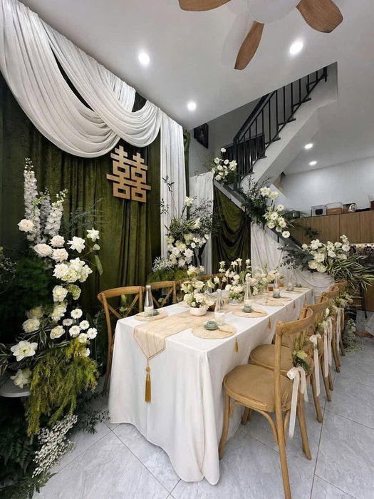Lễ gia tiên rèm nhung xanh rêu chữ hỷ vàng